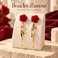 Boucles d’oreilles pendantes Rosalia – Rose rouge & feuillage doré