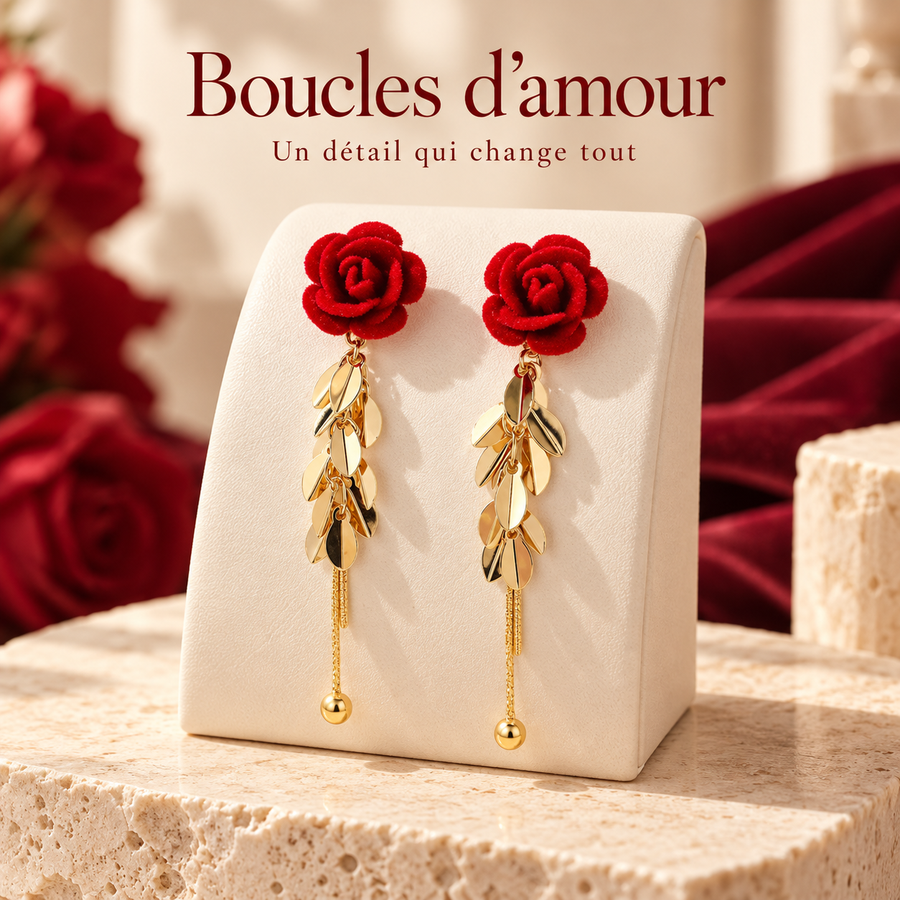 Boucles d’oreilles pendantes Rosalia – Rose rouge & feuillage doré