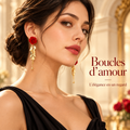 Boucles d’oreilles pendantes Rosalia – Rose rouge & feuillage doré