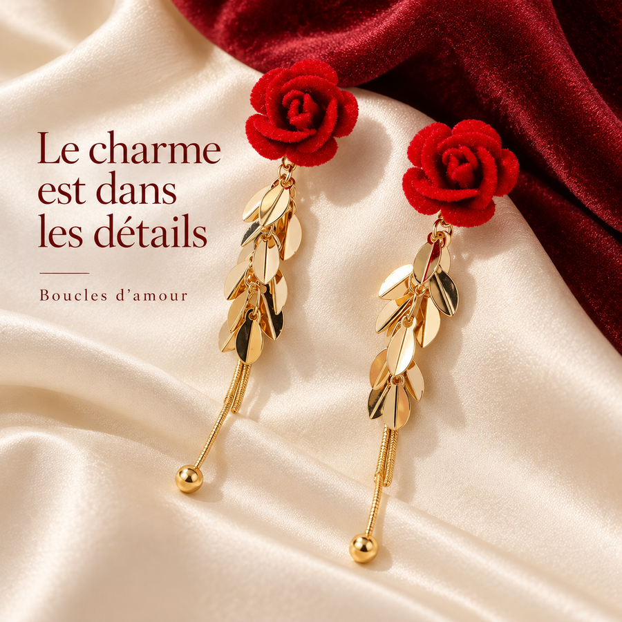 Boucles d’oreilles pendantes Rosalia – Rose rouge & feuillage doré