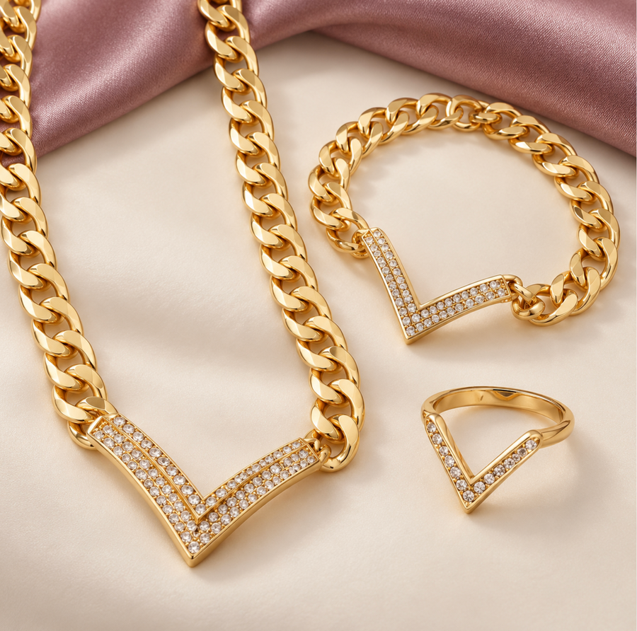 Ensemble Diamond Collier + Bague+Bracelet 2027 - طقم دايموند بلون ذهبي — عقد، سوار وخاتم