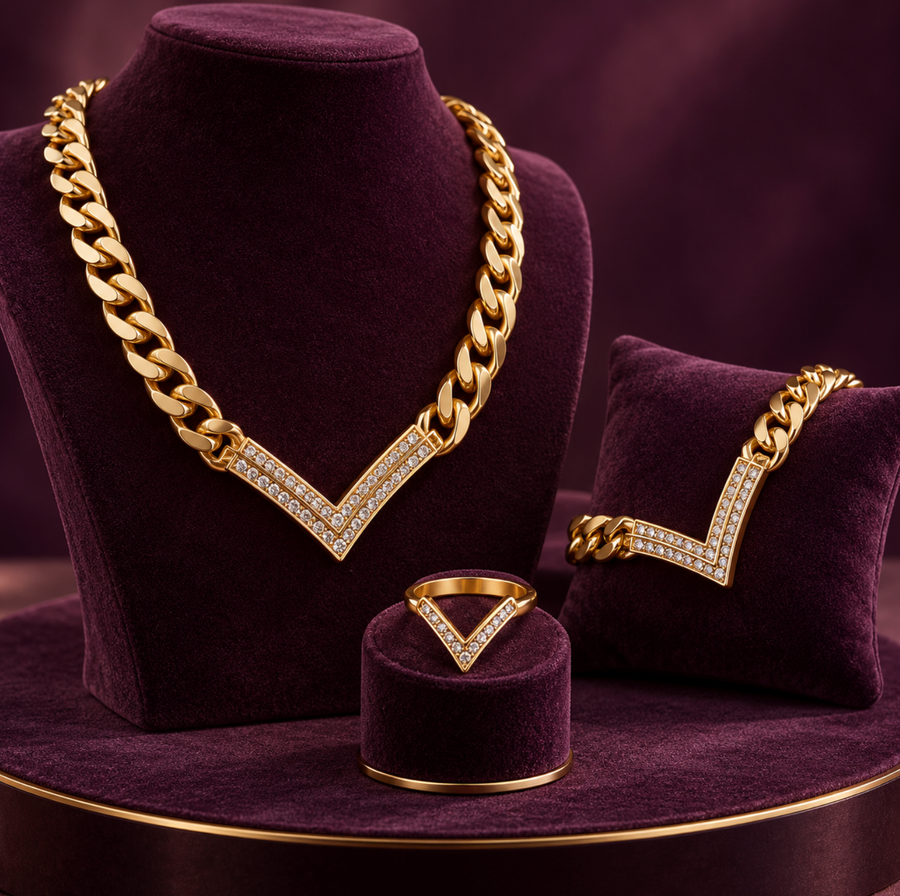 Ensemble Diamond Collier + Bague+Bracelet 2027 - طقم دايموند بلون ذهبي — عقد، سوار وخاتم